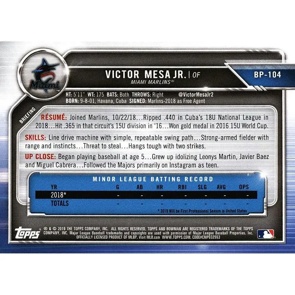 2019 Bowman Prospects Victor Mesa Jr. #BP-104 Miami Marlins